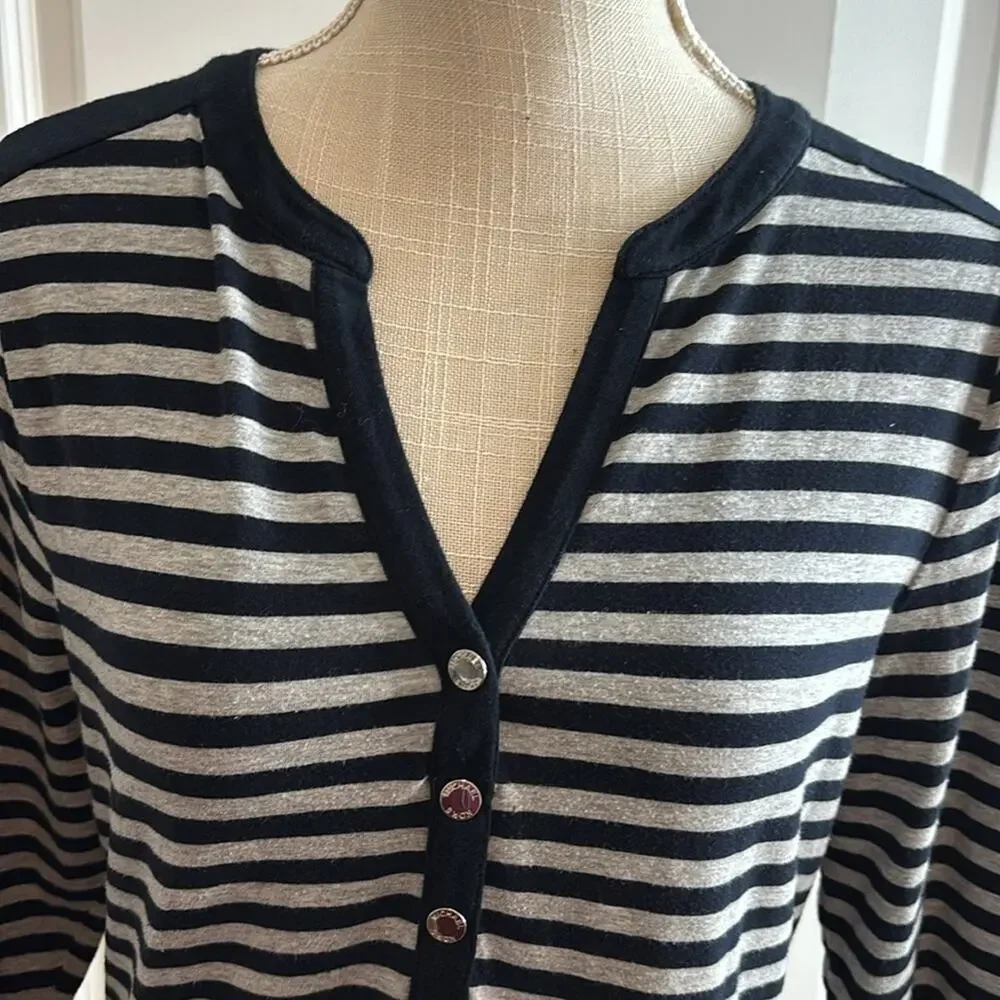 Michael Kors Women's Navy Grey Striped V-Neck Tunic Length Shirt MEDIUM Casual